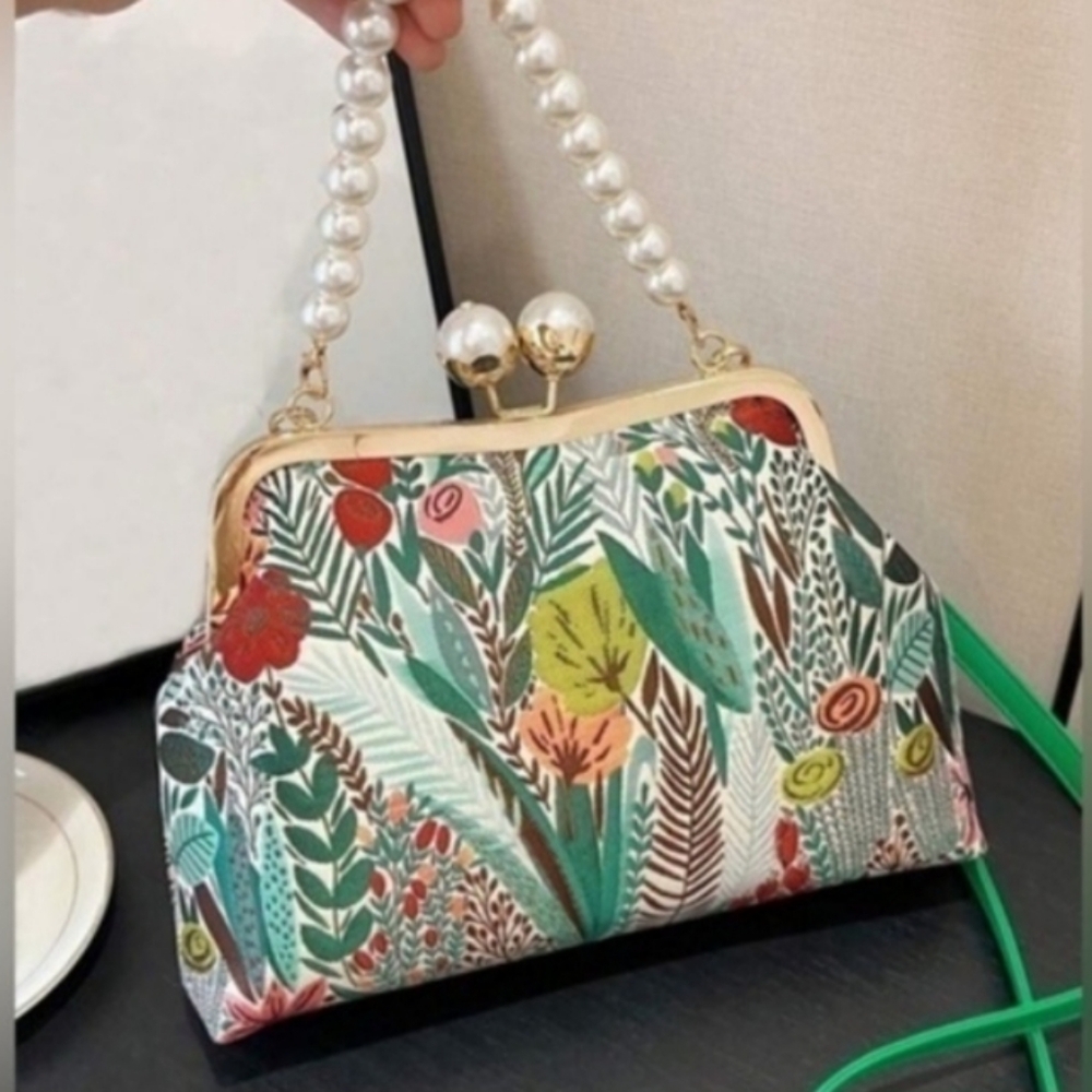 Floral Embroidered Kisslock Pearl Clutch Handbag Vintage Style Women's Purse - Picture 8 of 8